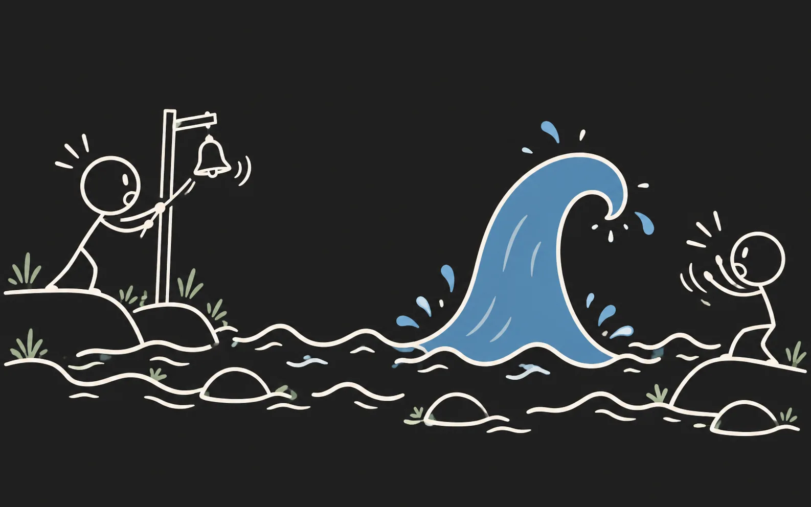 Stickman ringing an early-warning bell as a wave of incoming activity rises.