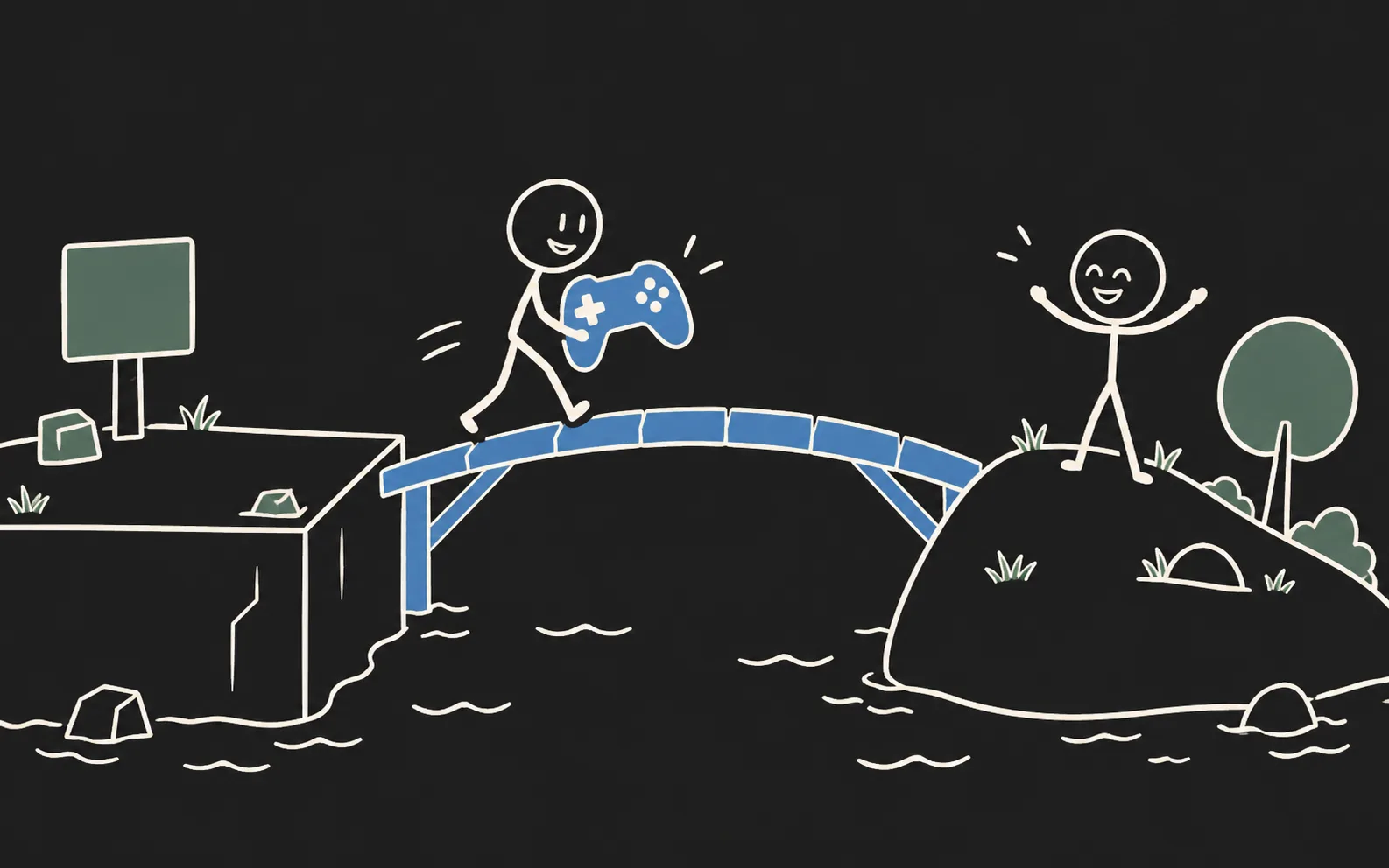 Stickman carrying a game controller across a bridge between two platforms.