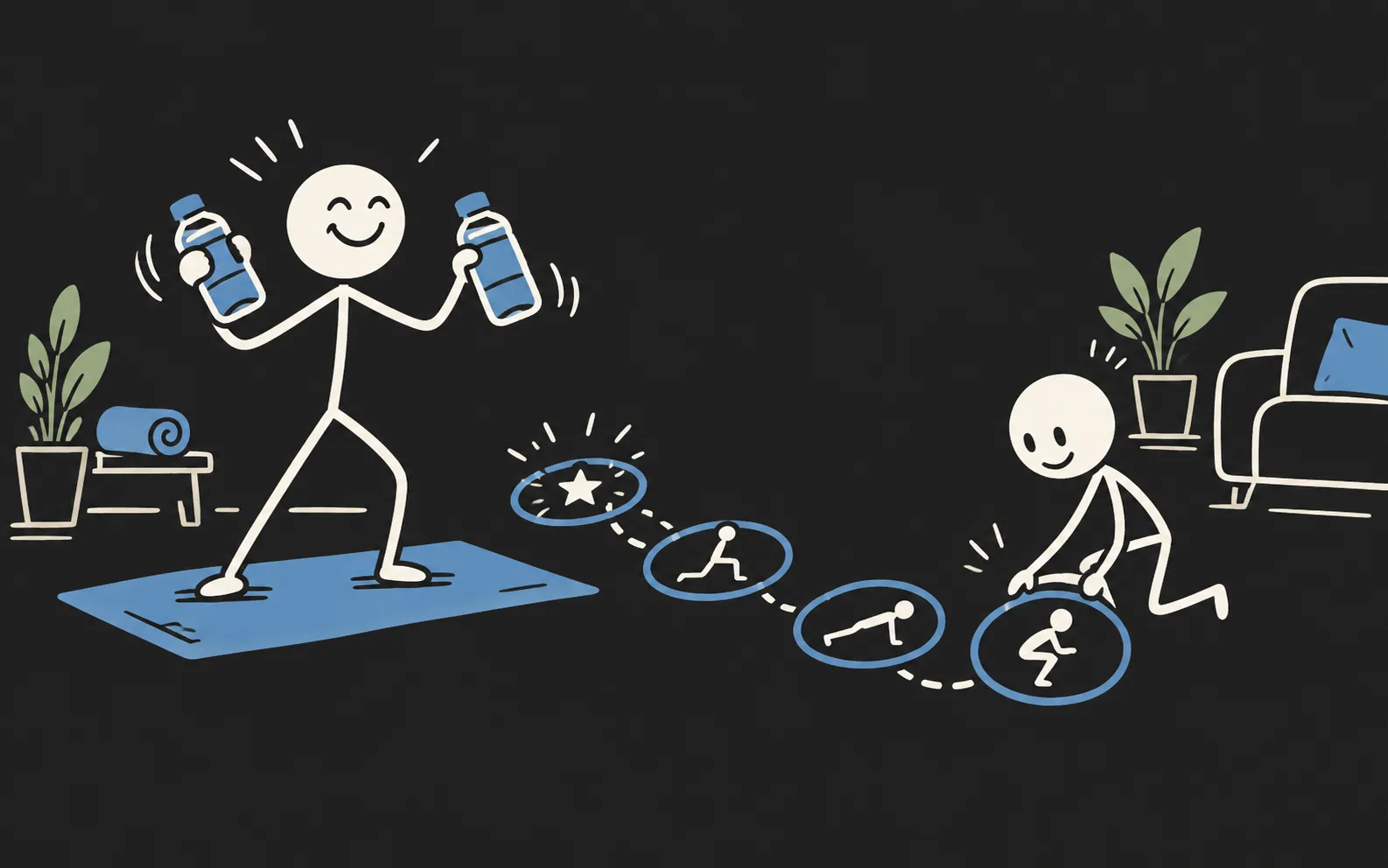 Stickman exercising at home with household weights and a simple workout path.