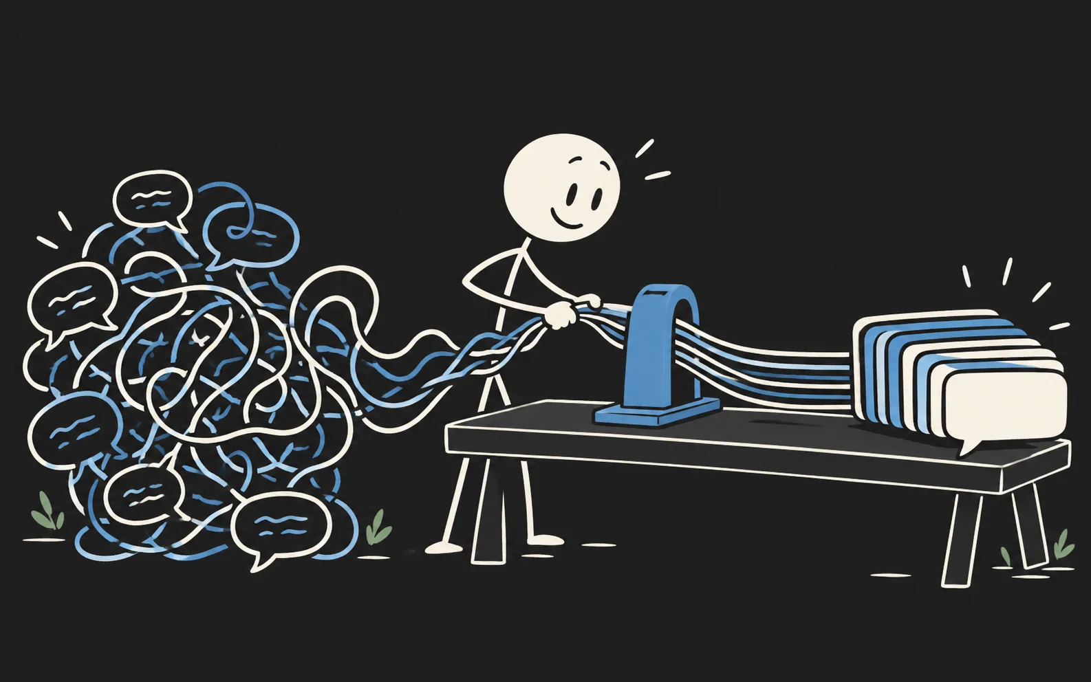 Stickman untangling voice patterns into an organized bundle.