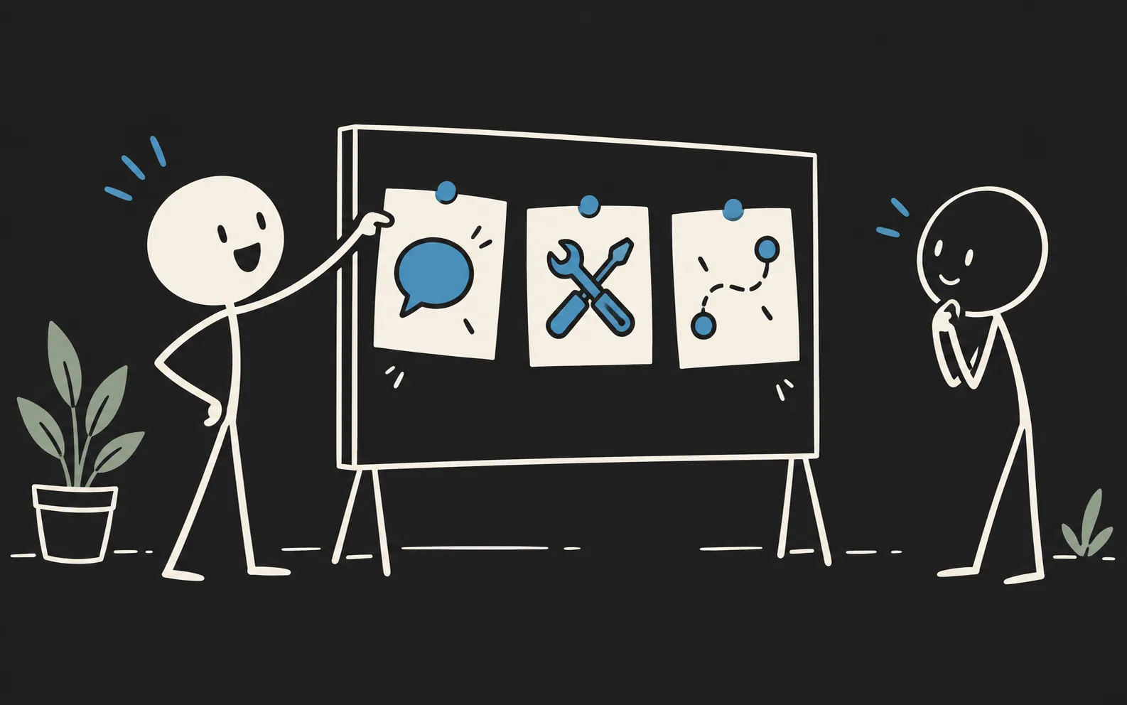 Stickman presenting three pictorial project cards to a visitor.