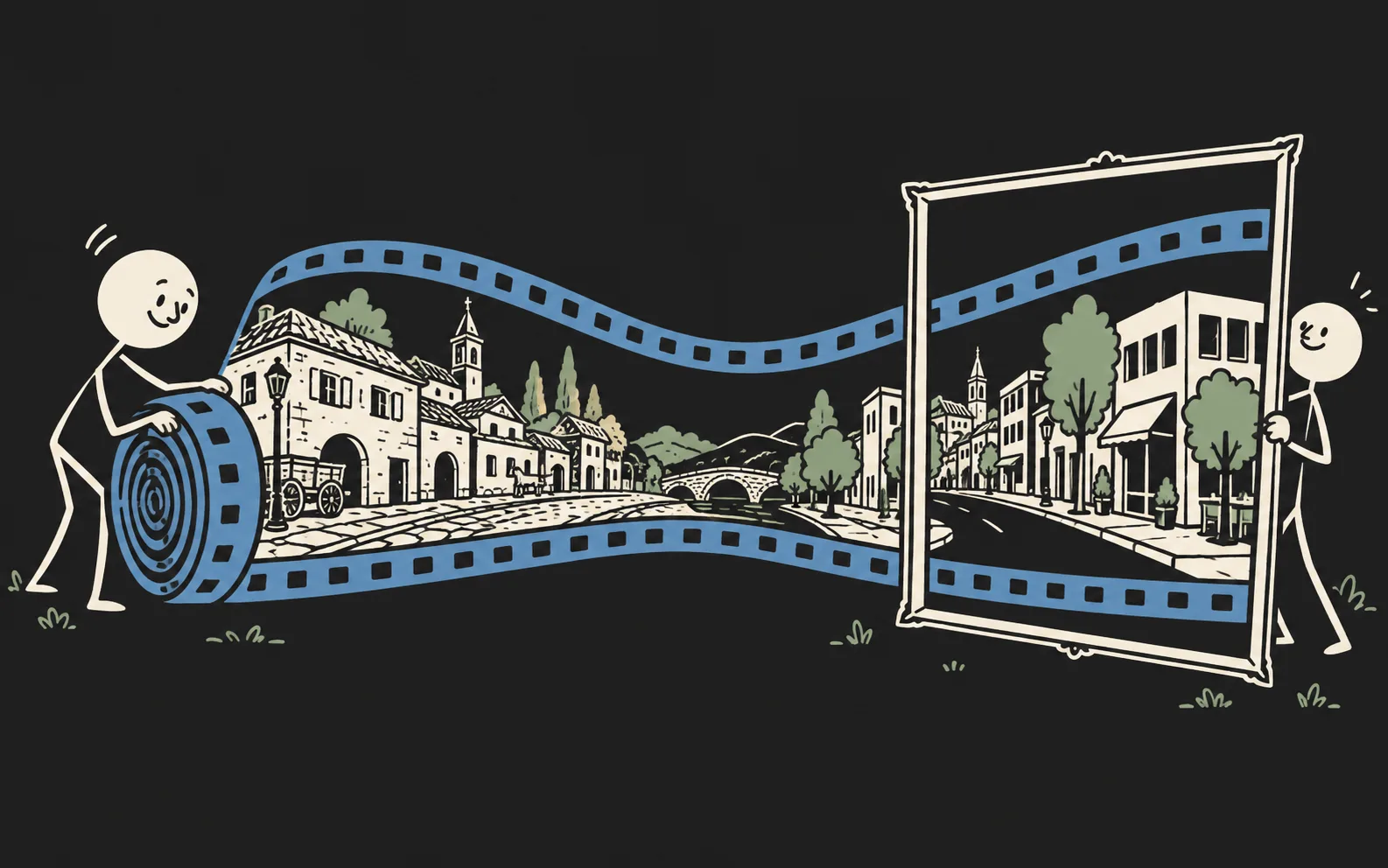 Stickman connecting old and new streetscapes through a filmstrip.