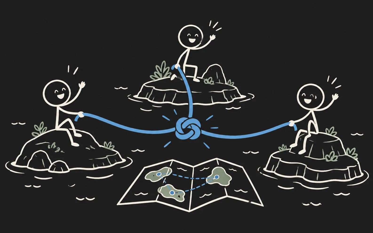 Stickmen on separate islands connected by a blue knot and a map.