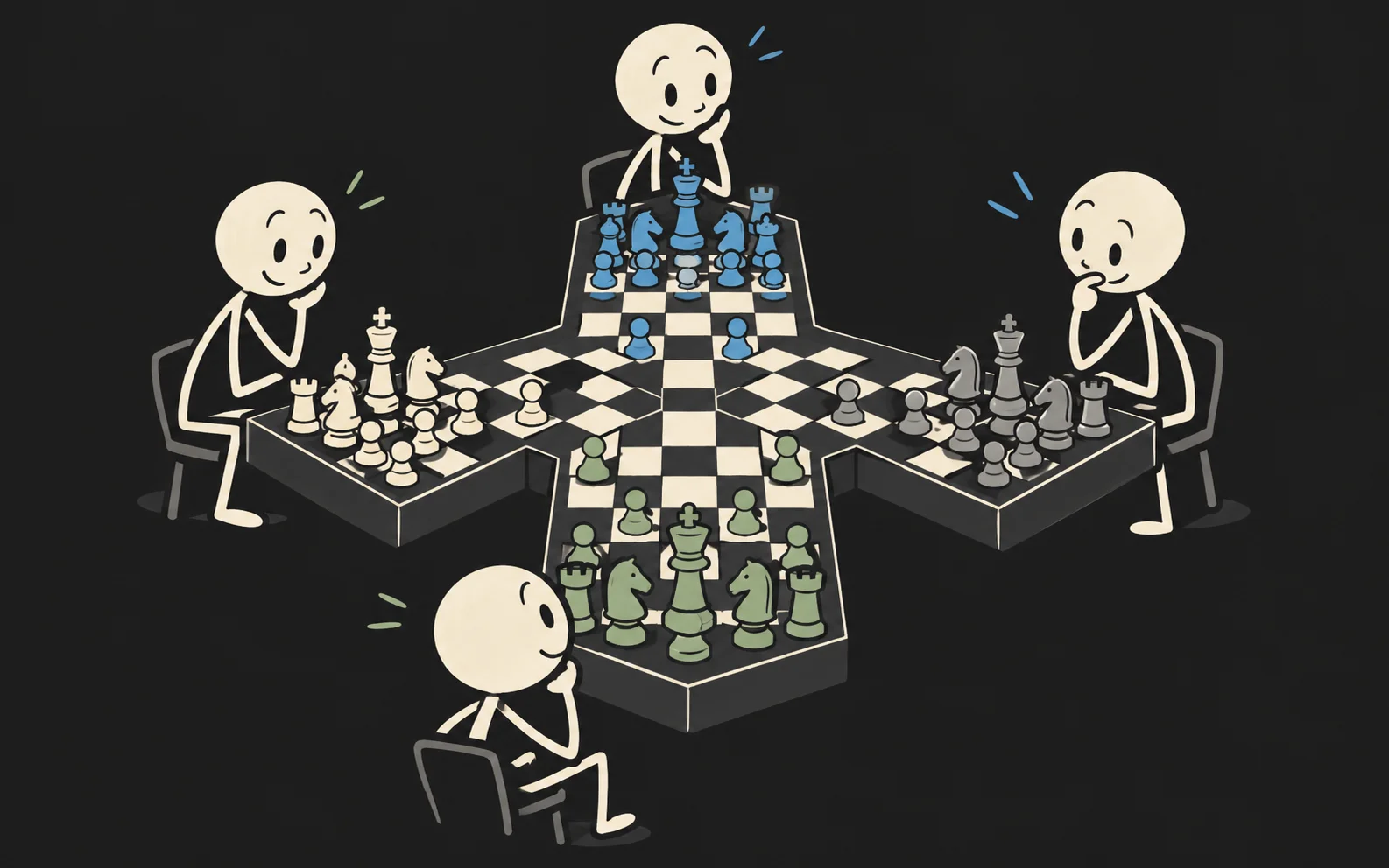 Four stickmen gathered around a cross-shaped chessboard, each playing a different army.