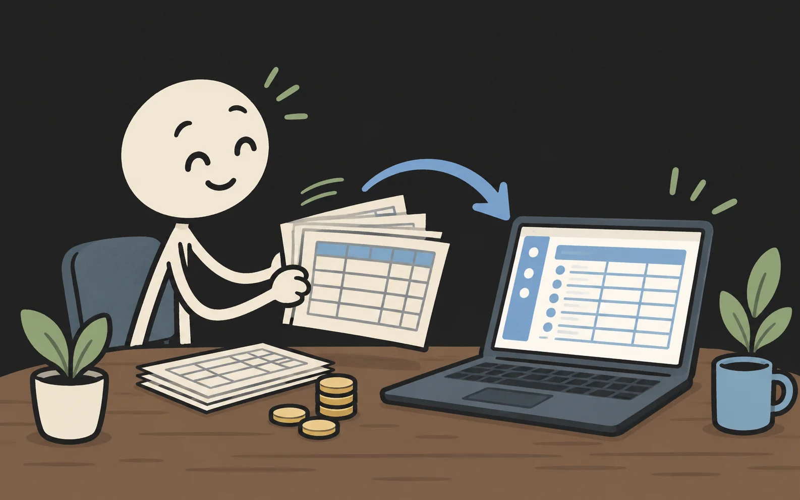 Stickman moving spreadsheet ledger sheets and coins into a laptop ledger.