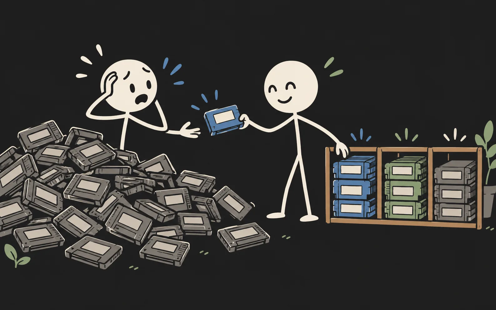 Stickman organizing a pile of game cartridges onto a shelf.