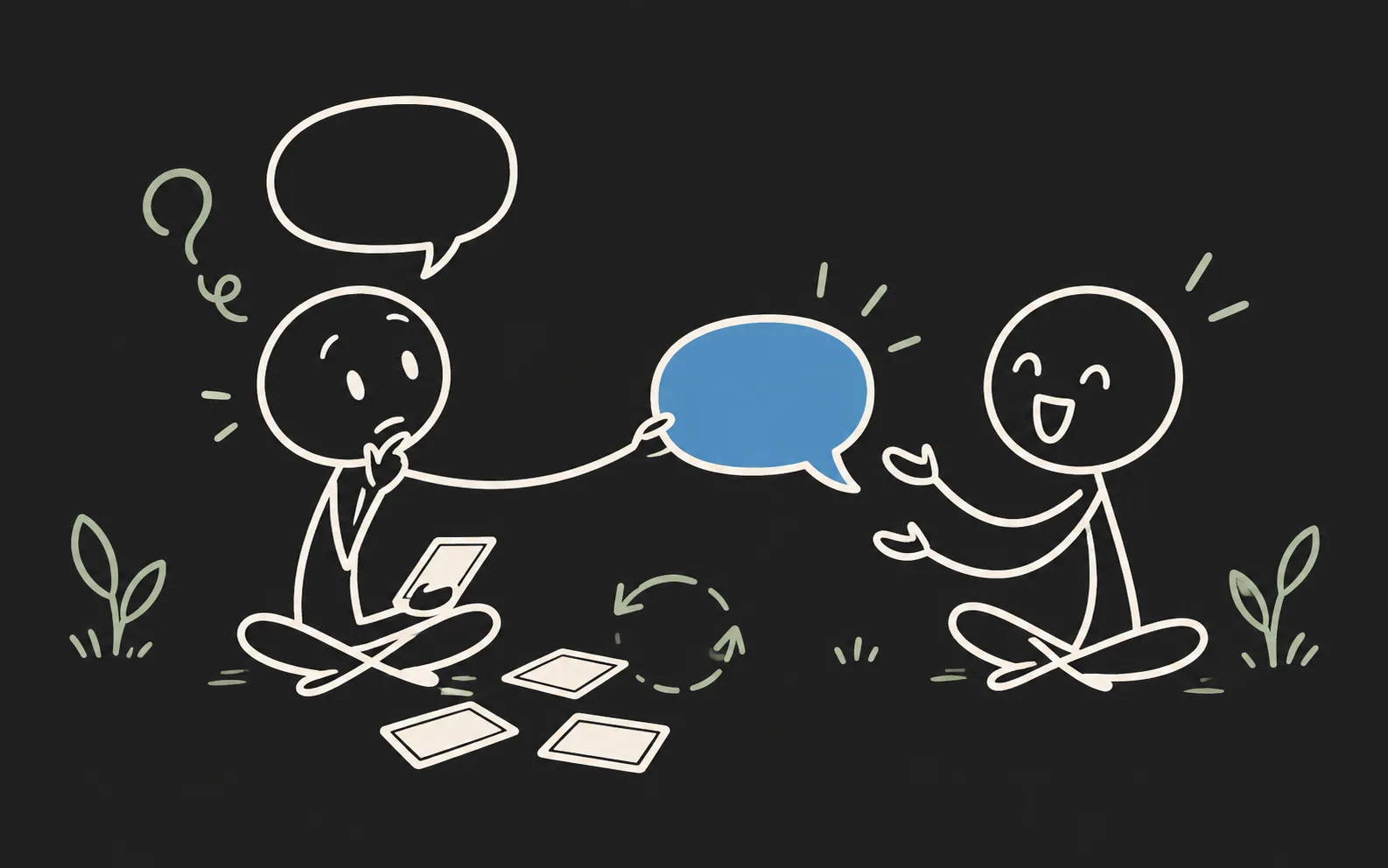 Stickmen practicing with flashcards and exchanging speech bubbles along a retry loop.